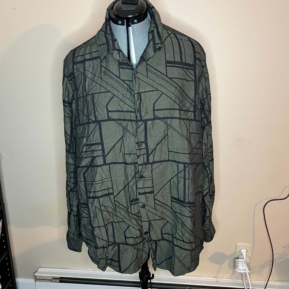 Alfani XXL Green And Black Geometric 100% Cotton Button Up Shirt